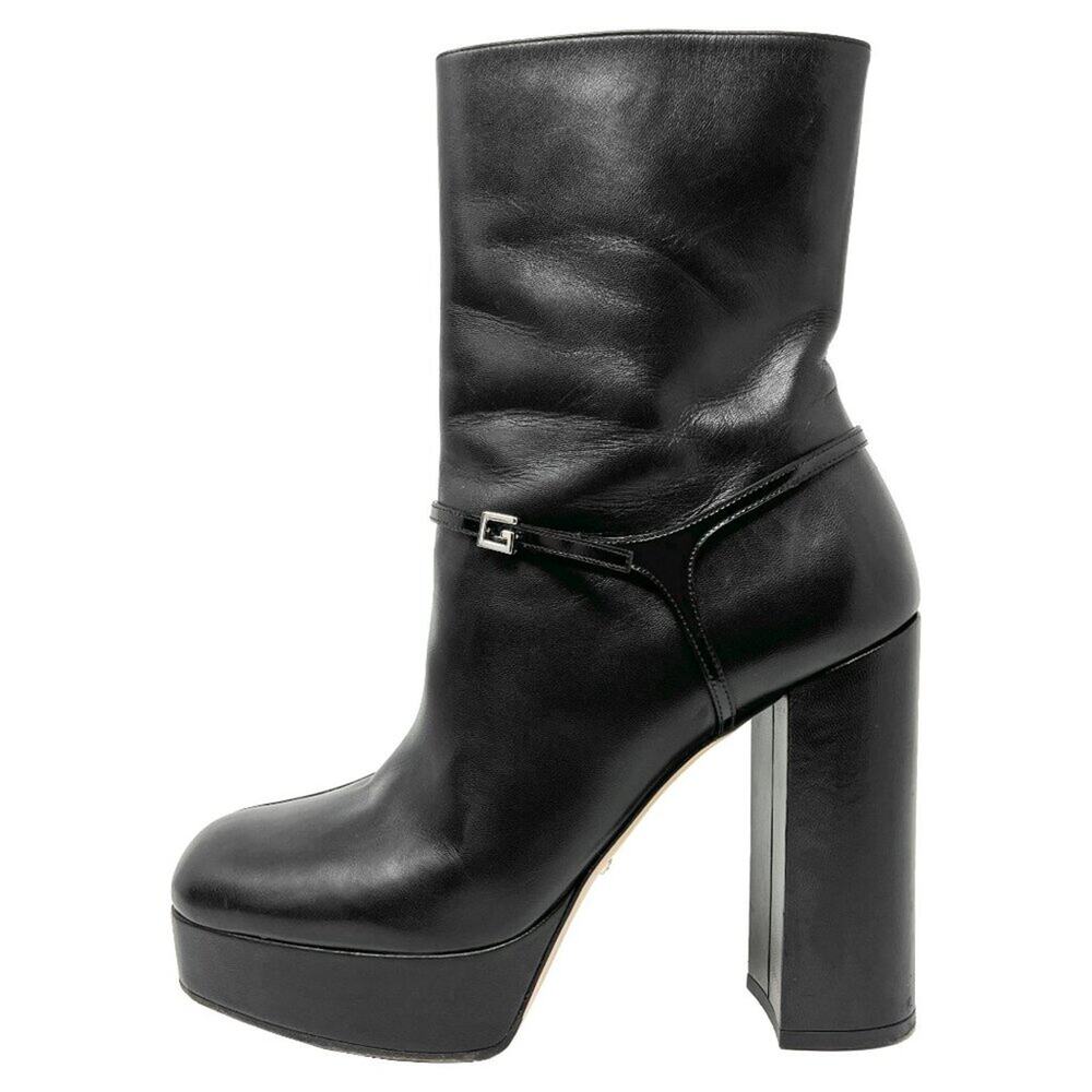 Gucci Tiarah Black Leather Platform Boots G Logo Buckle Block Heel 41
